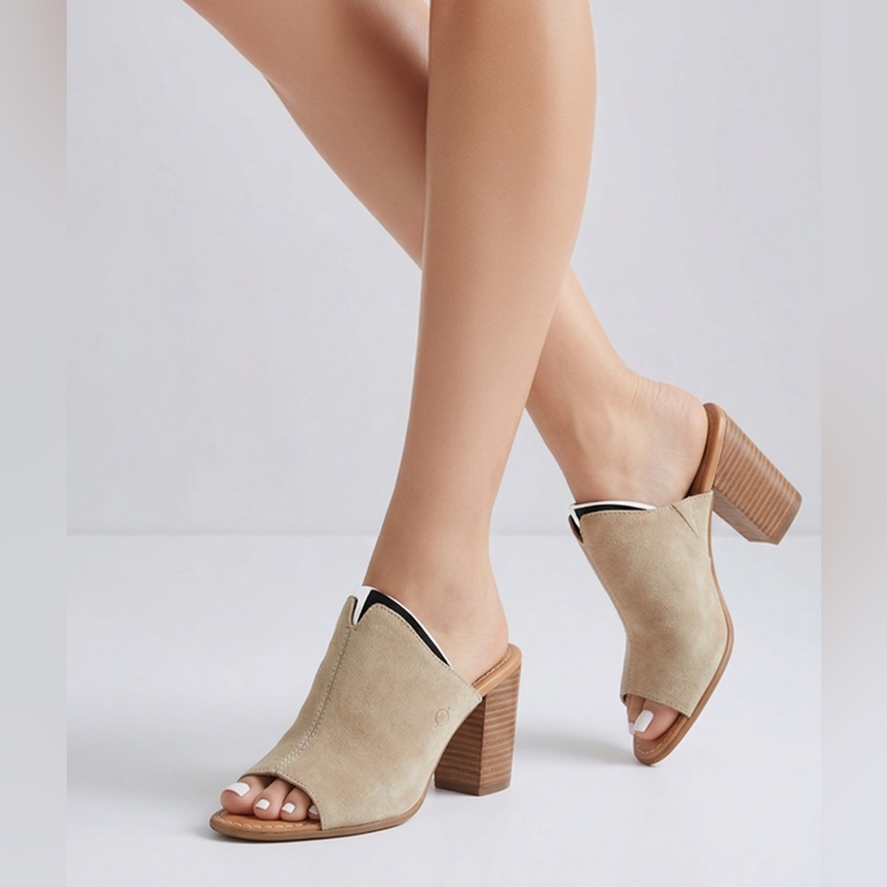 Born Womens 9 Bima Sandals Block Heels Beige Open Toe Leather Slip On Size 10M